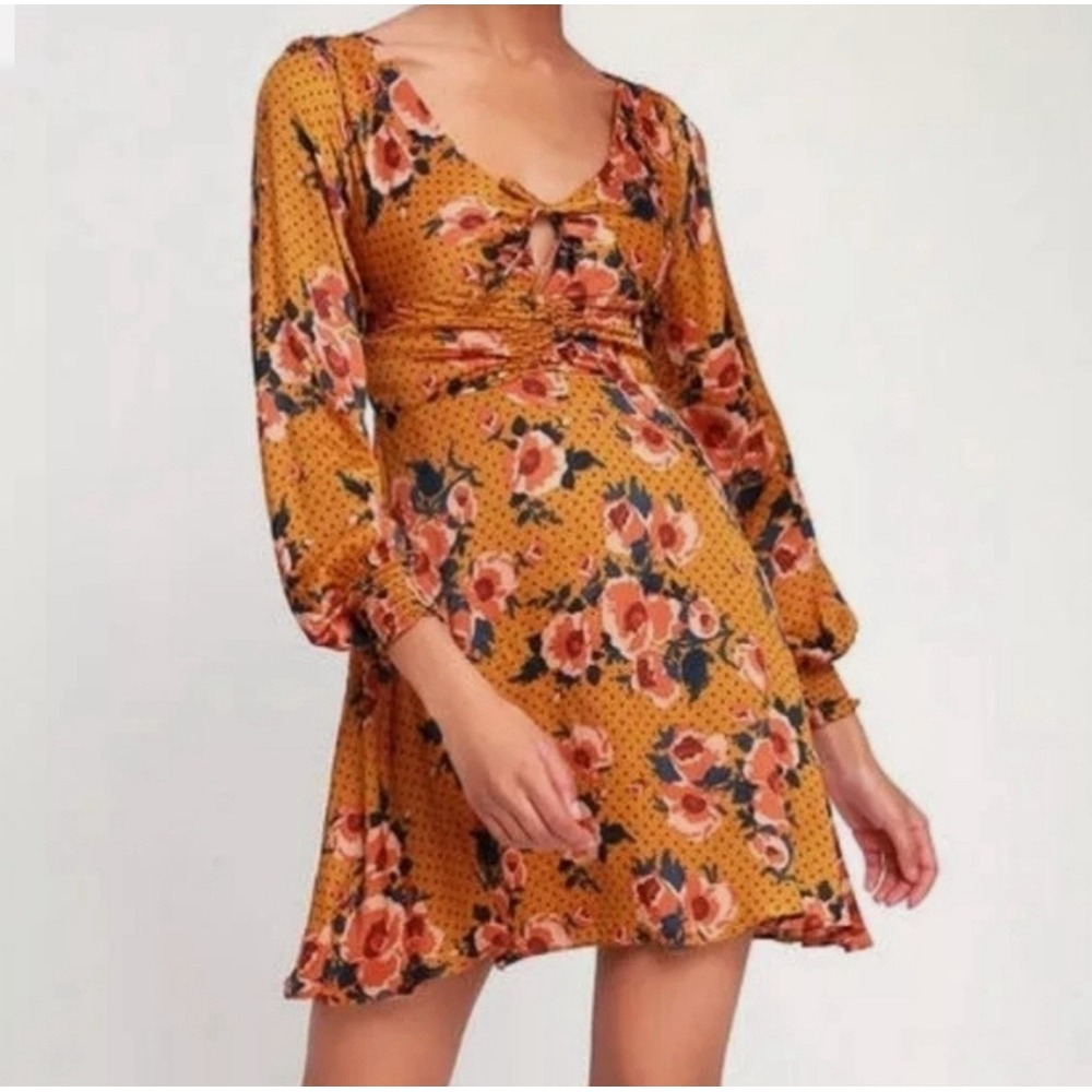 FREE PEOPLE Morning Light Marigold Floral Mini Dress Cut Out Long Sleeve‎ Size 6